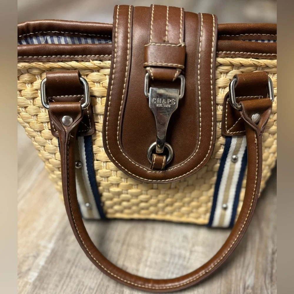 Chaps Preppy Coastal Woven Straw Leather Trim Metal Detail Shoulder Bag